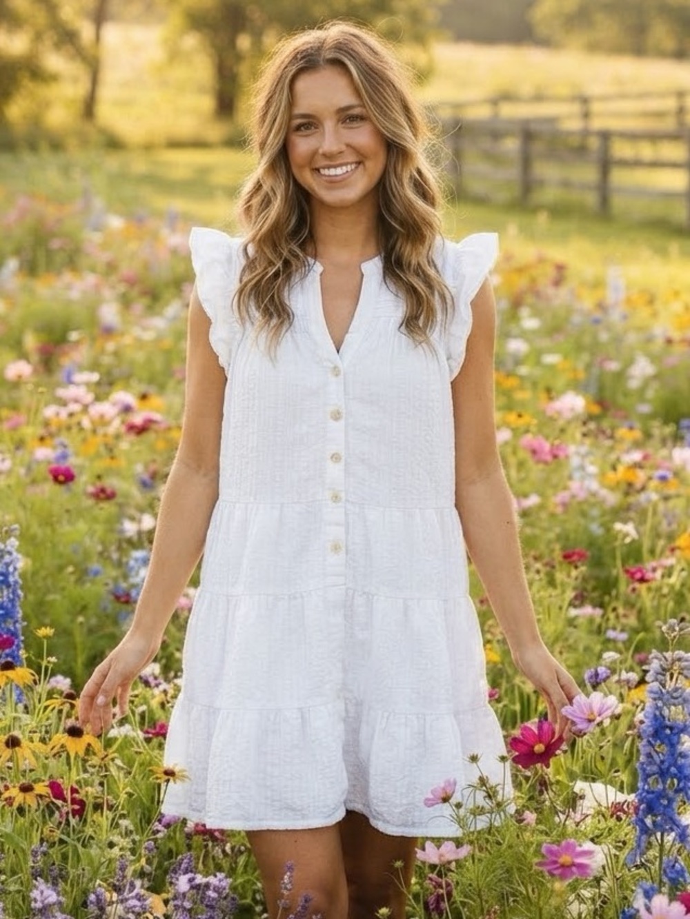LOFT White Tiered Button-Front Mini Dress